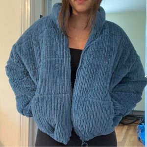 Blue Faux Fur Cropped Bomber Jacket